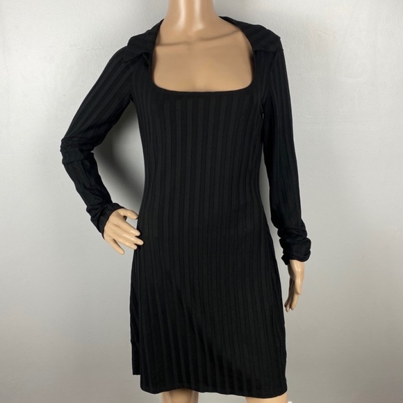 NEW REFORMATION BLACK RIBBED LONG SLEEVE MINI DRESS - Picture 2 of 9